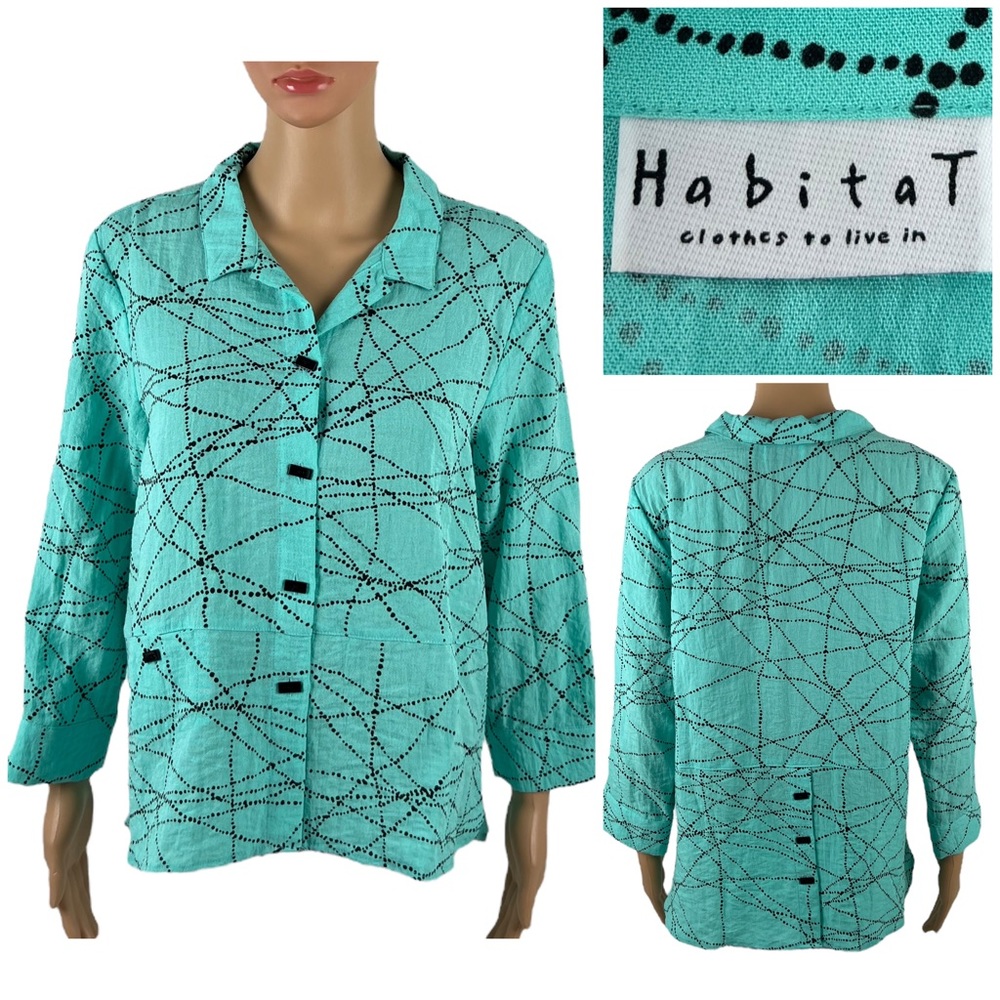 Habitat Womens Small Top Button Down High Low Hem Rayon Aquamarine Blouse EUC